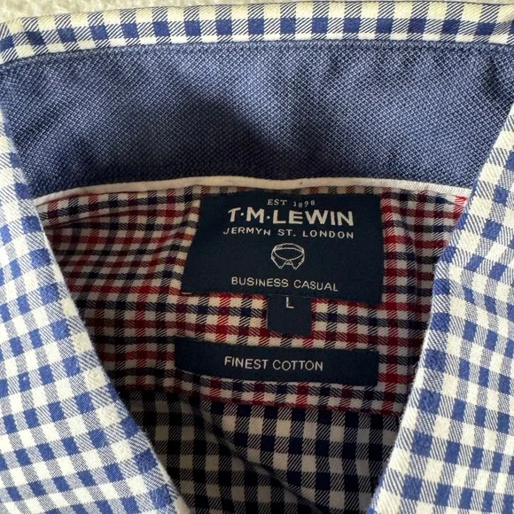 T.M. Lewin‎ Dress Shirt Blue Long Sleeve Button Up Men Size Large Check Pocket - Picture 4 of 7